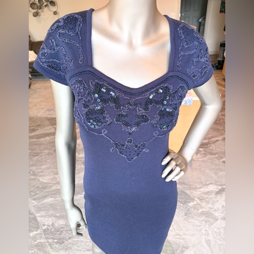 Elegant Vintage Beaded Knit Mini Dress in Deep Blue